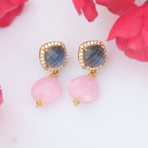 Blue Hydro CZ and Pink Rose Drop Cute Short Earring 925 Sterling Silver 18k Gold Plated Earring for Women and Girl - Product Image 3