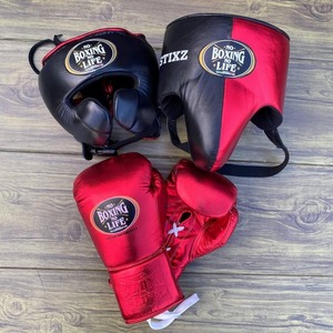Hot Selling Premium Red No Boxing No Life Sparring <b>Set</b> Genuine Leather Training Gloves Adjustable Strap Headgear Groin Guard - Product Image 1