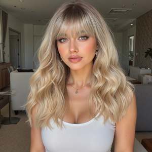 Peluca Sintética DWY de Alta Calidad con Flequillo Ondulado Marrón Castaño para Mujer, Fibra Resistente al Calor, Línea de Cabello con Partidura Media - Product Image 1
