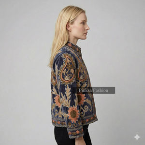 Veste universitaire en velours brodé floral bohème, anti-rides, écologique, coupe-vent et respirante, en coton Suzani, pour l'hiver et l'automne - Product Image 4