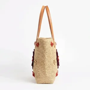 Sac fourre-tout bohème en raphia tissé à la main avec broderie florale, fermeture ouverte, doublure en coton, résistant à l'eau, sac à bandoulière pour femme - Product Image 5