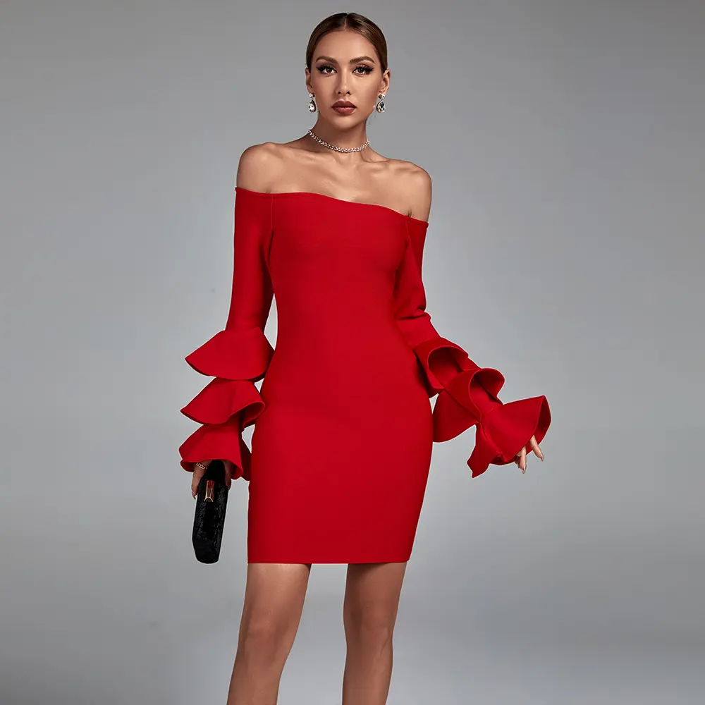 Ocstrade Ruffle Long Sleeve Frill Bandage Dress Unique Mini Cocktail Party Dress Red Solid Bodycon Off Shoulder Birthday Dress