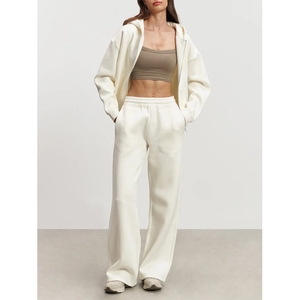 2025 nouvelles femmes à la mode confortable Athleisure deux pièces personnalisable Crop double-zip à capuche et pantalon de survêtement ample droit pour les femmes - Product Image 2