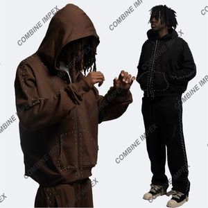 Conjunto de chándal personalizado con cremallera y ribete de cremallera en contraste, tejido ecológico que absorbe la humedad, forro polar de gran tamaño, OEM ODM, conjunto de 2 piezas - Product Image 3