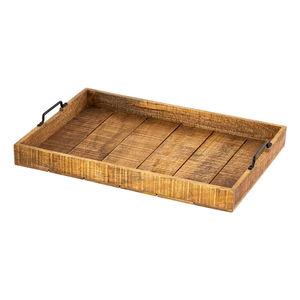 Natural Mango Wood Rectangular Serving Tray with <b>Metal</b> Handles Home Restaurant Pattern Dining Table Serving Trays Food Service - Product Image 2