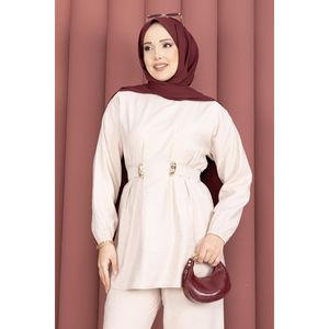Conjunto de Dos Piezas para Mujer, Estampado Floral Beige, Pantalones Ajustables sin Cuello con Detalle de Broche, Corte Holgado para Verano - Product Image 2