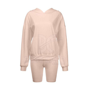 2023 nouveauté Logo personnalisé femmes hiver deux pièces ensemble haute qualité à capuche genou longueur Shorts solide tissu motif décontracté - Product Image 5