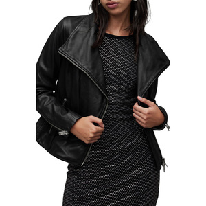 Chaqueta de cuero de motorista de cuero de lujo clásico para mujer Cierre de cremallera asimétrica Cuello alto Puños con cremallera. - Product Image 5