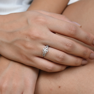 Rhodium-Plated Brass Cluster Halo <b>Ring</b> with Solitaire Inlay - Product Image 2
