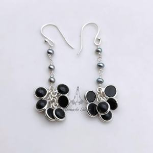 925 Sterling Silver Dangle <b>Earrings</b> Handmade Flower-Shaped Freshwater <b>Grey</b> <b>Pearl</b> and Black Onyx Unique Jewelry - Product Image 5