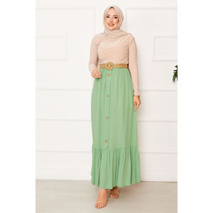 Pistachio Green Chiffon Hijab <b>Skirt</b> with <b>Elastic</b> Waist Button Detail Soft Fabric - Product Image 3