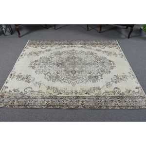 5.2x6.2 ft Rug, Vintage Rug, Turkish <b>Brown</b> <b>Wool</b> Bordered Rug - Product Image 3