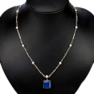 Collier élégant en argent et lapis-lazuli pour femme avec perles, bijoux élégants - Product Image 3