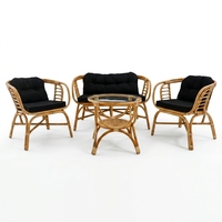 Ensemble de meubles de jardin modernes en rotin poli naturel, canapé, fauteuils, table basse en verre, coussins, décoration de terrasse