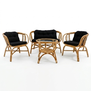 Natural Polished <b>Rattan</b> Garden Furniture Set <b>Sofa</b> Armchairs Glass Coffee Table Black Cushion Patio Setup Room Decor Art Design - Product Image 1