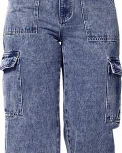 Jeans cargo à jambes larges bleu foncé pour femmes, pantalon en denim taille haute avec poches utilitaires, vêtements de rue décontractés, fournisseur OEM - Product Image 6