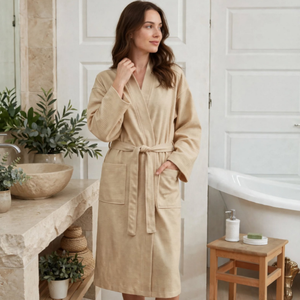 Bata de Baño Unisex de Algodón 100% con Tejido Interlock Piqué Waffle, Premium para Hotel y Spa, Hecha en Turquía - Beige - Product Image 1