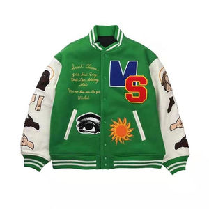 Chaquetas Varsity de Lana con Bordado Chenille y Logotipo Personalizado para Hombre, Chaquetas de Cuero Verde Vintage con Mangas de Cuero para Hombre - Product Image 1