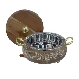 Handmade Decorative Casserole Server Hot Pot Arabic Design Walnut Finishing Food Server Double Wall Insulated Hot Pot