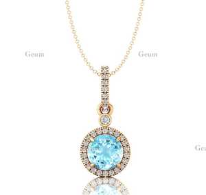 Collier pendentif à breloques solitaire Halo en or rose massif 14 carats avec pierres précieuses aigue-marine cultivées en laboratoire et diamant véritable pour elle - Product Image 3