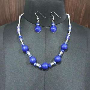 Conjunto de collar de cuentas azules de estilo bohemio Urthn con conjunto de aretes de joyería de cobre fino rodio chapado en oro 1102582B - Product Image 1