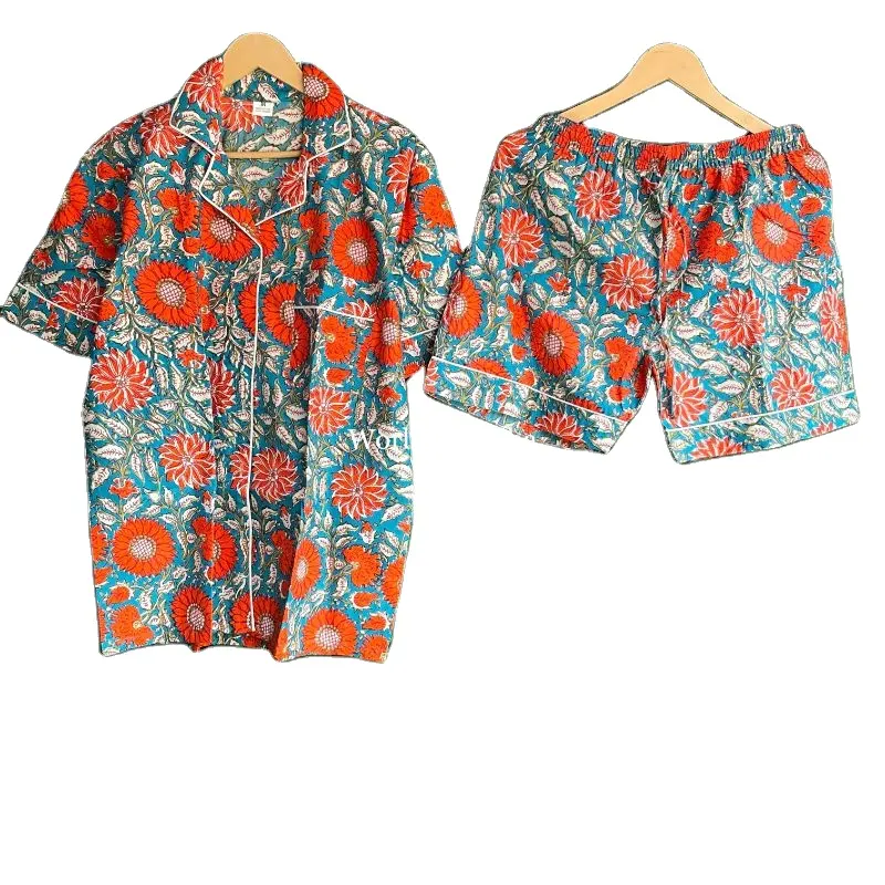 Groothandel Dames Pyjama Indiase Katoenen Bloemenprint Korte Pyjama Sets Gezellig Kleding Nachtkleding Overhemd Met Korte Broek