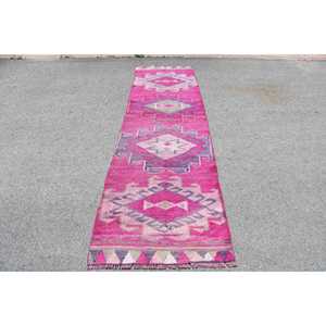 Turkish Vintage <b>Rug</b>, <b>Runner</b> 2.8x11 ft (84x334 cm) <b>Rug</b>, Pink Floral Wool <b>Rug</b> - Product Image 1