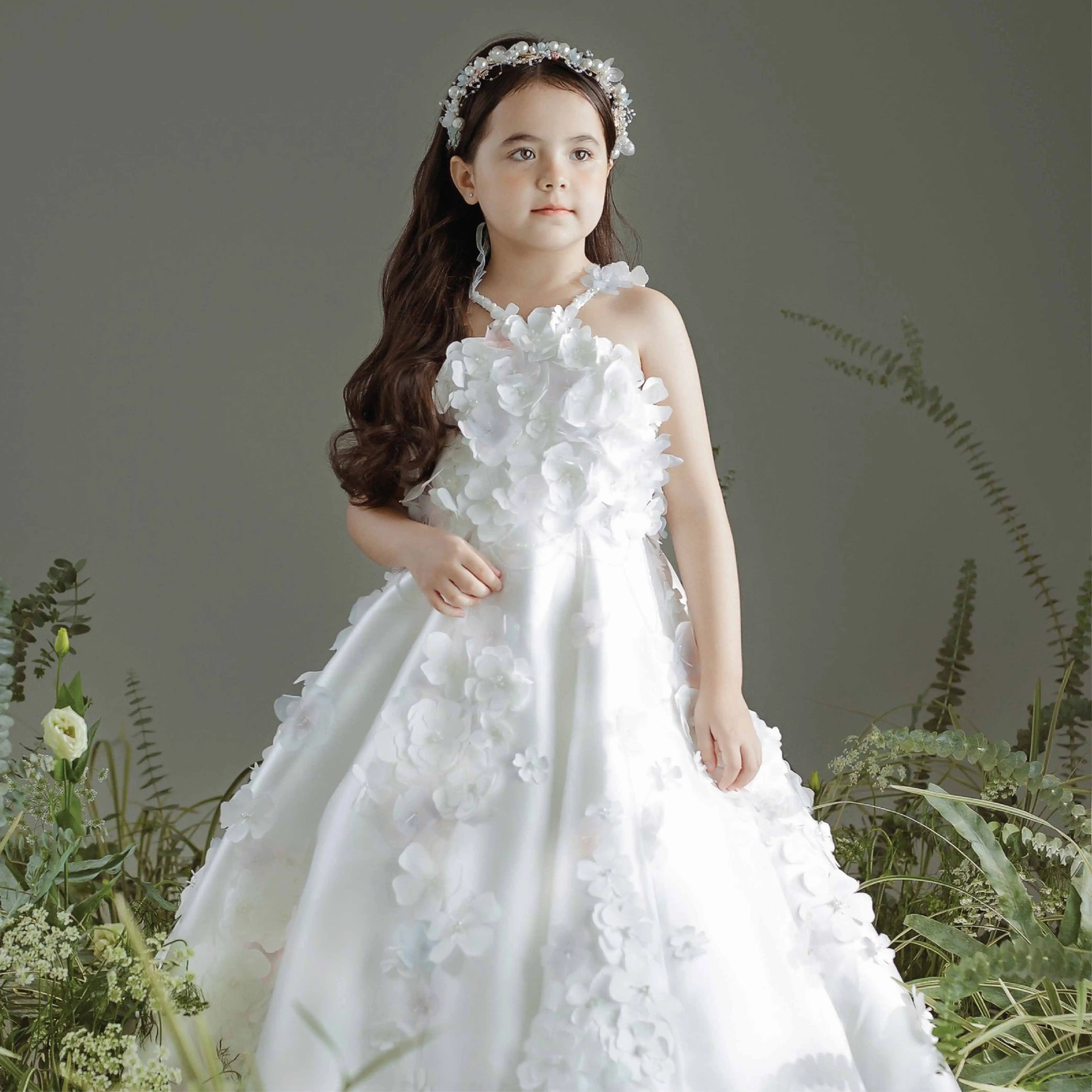 Robe de bal perles à la main fleur 3D soirée sans manches robe de piano robe de fille de fleur blanc mariage enfants-robe Rosa