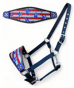 OEM Western Horse Bronc Halter Argentina Cuir Rhinestone Décoré USA Drapeau Design Personnalisé SS Fitting Conchos Entièrement Réglable - Product Image 1