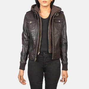 Blouson aviateur en cuir marron automnal à capuche - Product Image 1