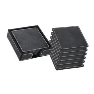 Juego de posavasos de cuero genuino, 4 unidades, forma cuadrada, Color negro - Product Image 1