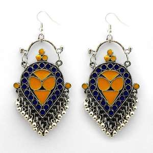 Pendientes colgantes de borla bohemios Kriaa Meenakari azul y amarillo con diseño afgano chapado en oro para boda y fiesta - Product Image 1