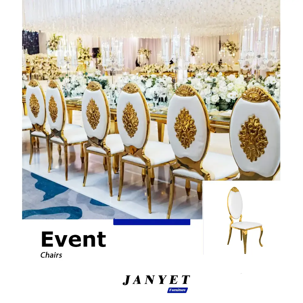 Groothandel Luxe Gouden Ovale Achterkant Dinning Hal Metalen Banketstoelen Stapelbare Bruiloft