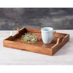 Plateau à thé et à café en bois d'acacia écologique et durable avec poignée en métal, fournitures pour restaurants et hôtels, plateau de service pour le petit-déjeuner en bois - Product Image 1