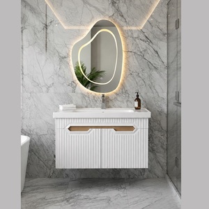 Conjunto de Mueble de Baño Suspendido con Espejo LED Táctil Redondo, Puerta con Panel Crema, Gabinete de MDF y Lavabo de Cerámica de 65, 80, 100 cm - Product Image 5