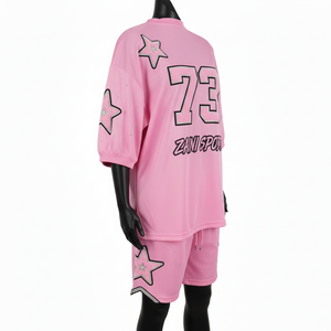 Women <b>Mesh</b> Jersey Short Set Breathable Polyester <b>Mesh</b> Pink Gradient Sublimation Print <b>Rhinestone</b> Heat Press Logo Women's Sets - Product Image 4