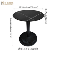 Table de salle à manger de patio commerciale, plateau rond en HPL avec design en marbre noir, base en fonte