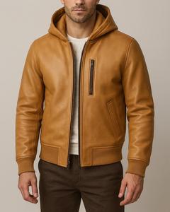 เสื้อแจ็คเก็ตหนังแท้สีน้ำตาลสำหรับผู้ชาย มีฮู้ด ซิปเต็มตัว สไตล์ลำลอง รับผลิตแบบ OEM/ODM - Product Image 1