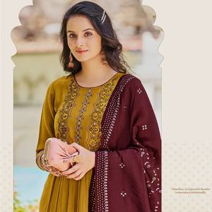 Kurta/Kurti indien et pakistanais pour femme en rayonne slub 16KG Dobby avec broderie Khatli lourde multicolore et Dupptta - Product Image 1