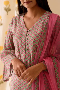 Mint Pink BlockPrint Sharara Set Indian Fashion Styling Quality <b>Kurti</b> and Pants From Indian Manufacturer - Product Image 3