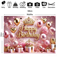 Décor de fête esthétique rose doré pour anniversaire, toile de fond avec couronne de princesse et guirlande de ballons pour photographie, en polyester lavable