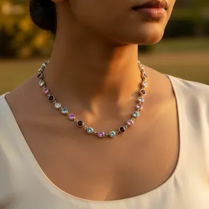 Collier en argent 925 avec chaîne à maillons perlés et pierres naturelles, cristaux et strass, style classique, à porter tous les jours, bijoux unisexes pour femmes - Product Image 3