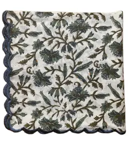 Belles serviettes de broderie en tissu de coton imprimé de bloc de main indien floral en couleur bleu paon vert armée et genévrier
