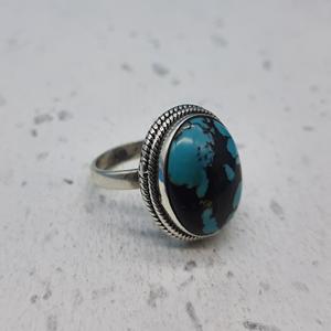 Tibetan Turquoise <b>Solid</b> <b>Silver</b> Handmade Ring 925 Sterling Natural Gemstone Bohemian Style Artisan Crafted Oval Cut Diamond Shape - Product Image 1