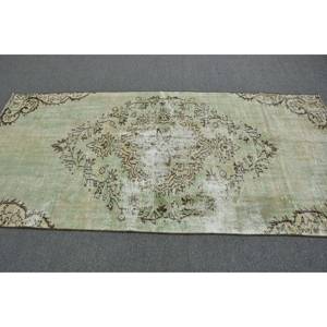 Alfombra de lana turca verde y beige Vintage de 4x8,2 pies, diseño de retales de tejido plano para decoraciones de sala de estar, respaldo de látex - Product Image 3