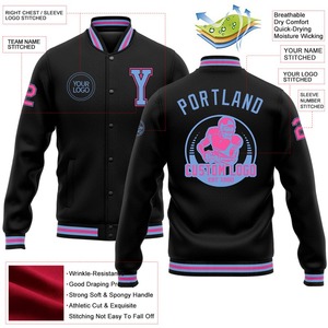 Bomber personnalisé noir bleu clair-rose bouton unique Varsity Letterman veste imperméable coupe-vent épais hiver Streetwear - Product Image 5