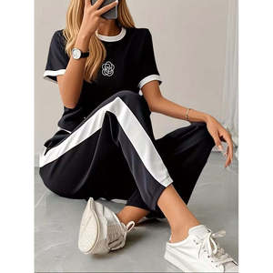 Conjunto de Dos Piezas para Mujer, Blusa de Manga Corta con Cuello Redondo de Viscosa de Dos Hilos y Pantalones, 35182 - Negro - Product Image 1