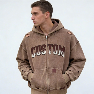 Sudadera con capucha para hombre, estilo casual urbano, venta al por mayor de fábrica, vintage, lavada, rasgada, con apliques de letras y bolsillos grandes - Product Image 1