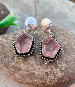 925 Sterling Silver Women's Trendy <b>Earrings</b> <b>Beautifully</b> Designed Pink Tourmaline Crystal Oxidised Perfect Gift for Her - Product Image 1