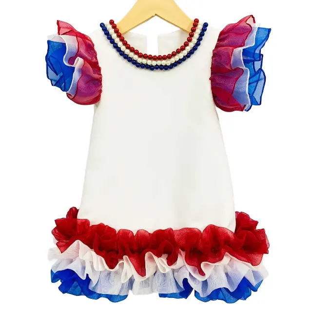 4 ° July abito al ginocchio rosso bianco blu bandiera americana per bambini ragazza vestito con paillettes giovani ragazze Patchwork Tutu abiti senza maniche